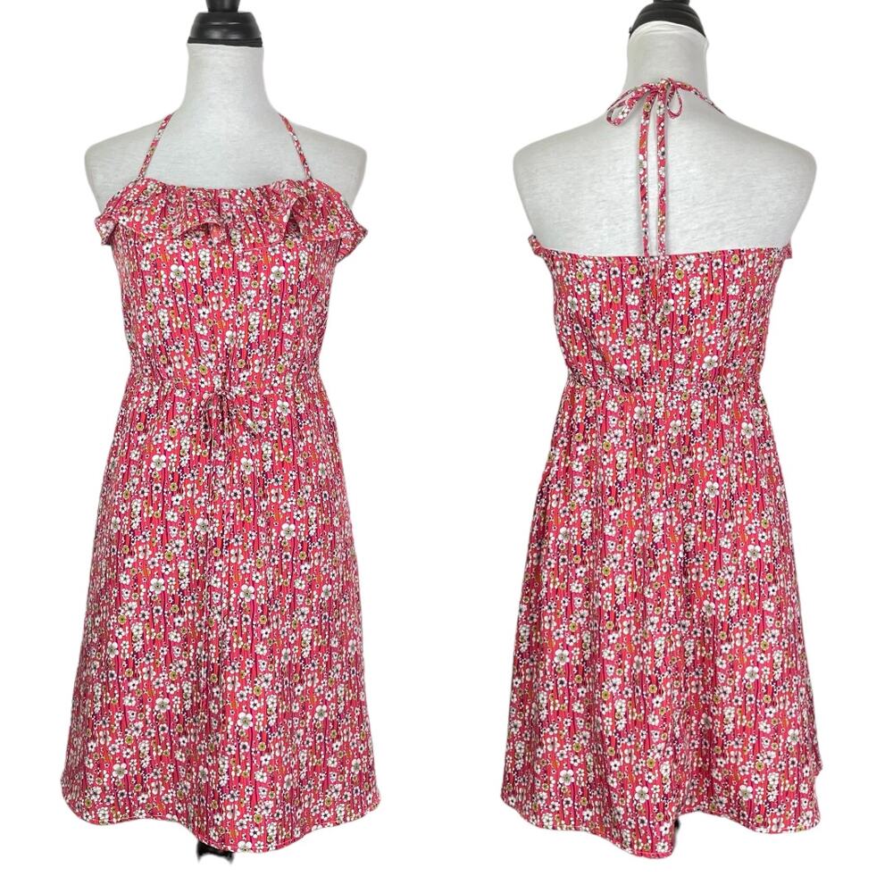 Liberty of London Target | Pink Floral Ruffle Neck Cinch Waist Halter Dress
